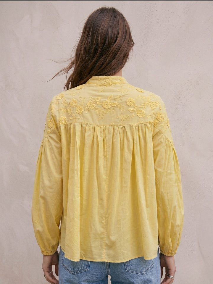 Yellow High Neck Textured Tie Up Relaxed Blouse