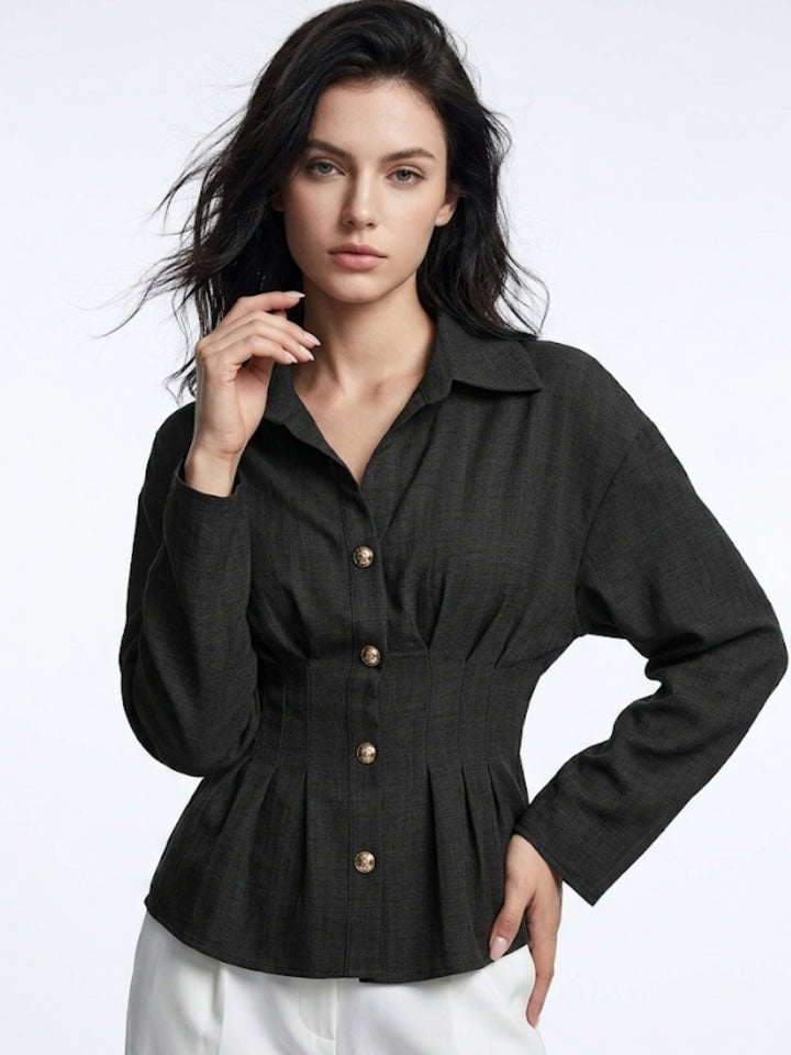 Black Full Sleeves Front Pleated Shirt