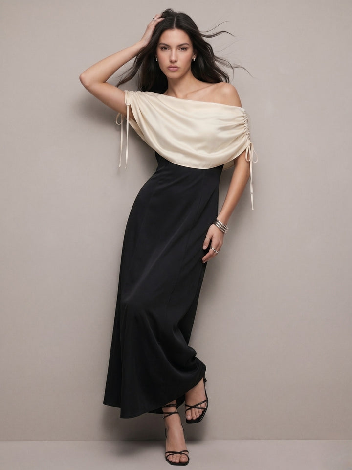 Black Draped Neckline Fit & Flare Dress