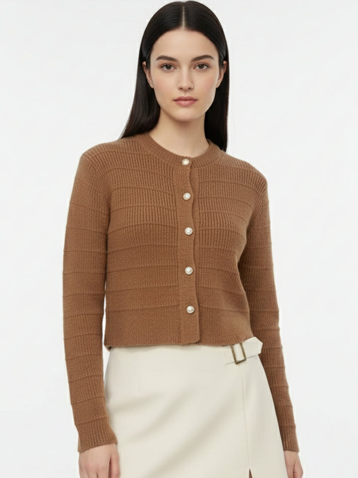 Brown Full Sleeve Textured Front Button Cardigan