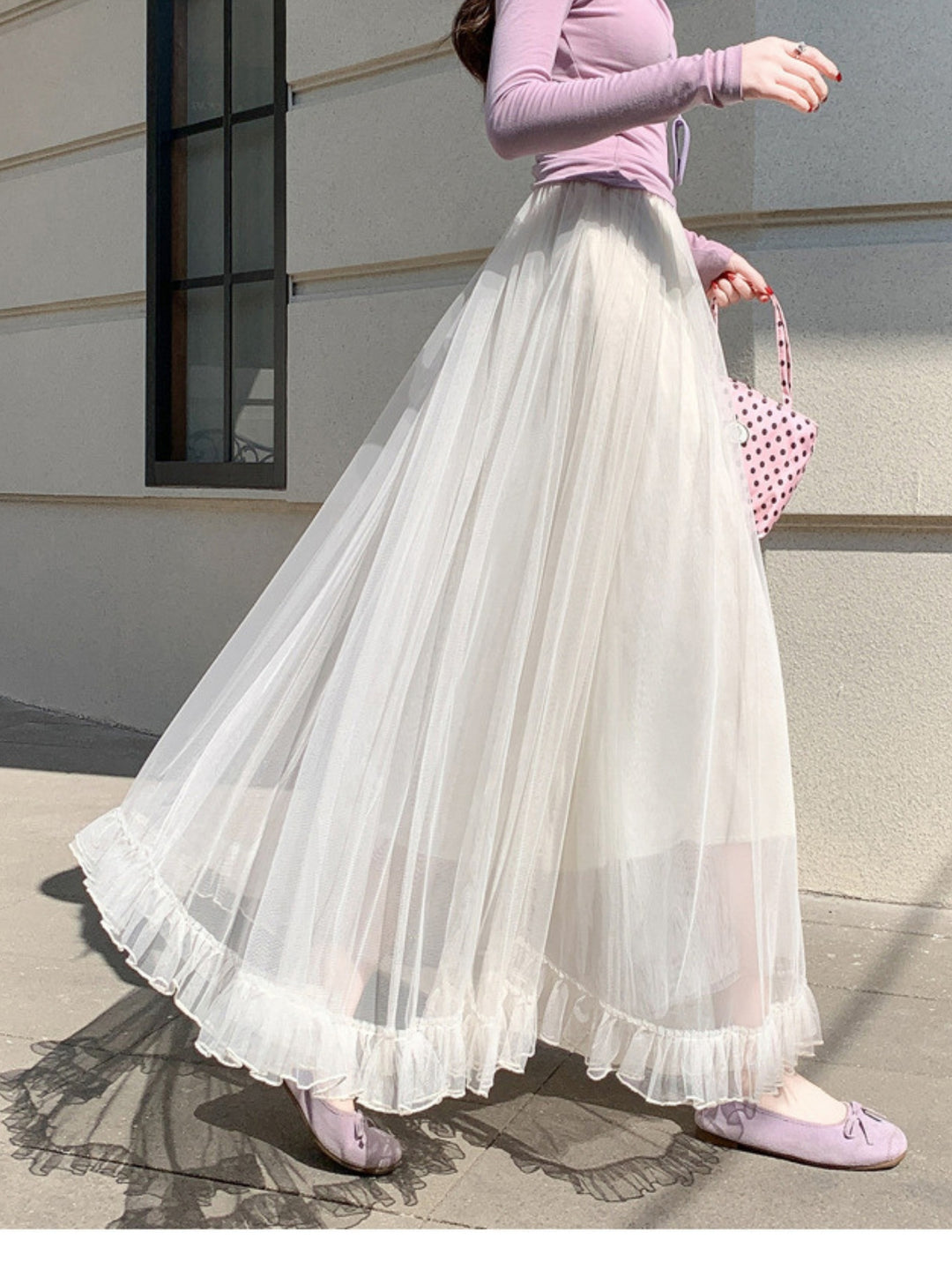 Off White Sheer A-Line Maxi Skirt With Frilled Hem
