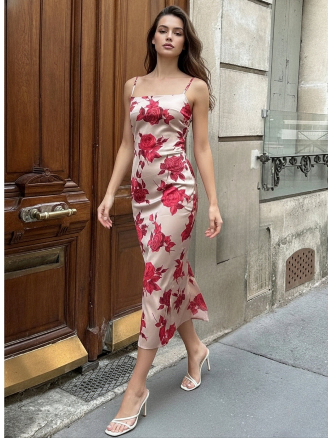 Cream Strappy Large Floral Printed Fitted Dress