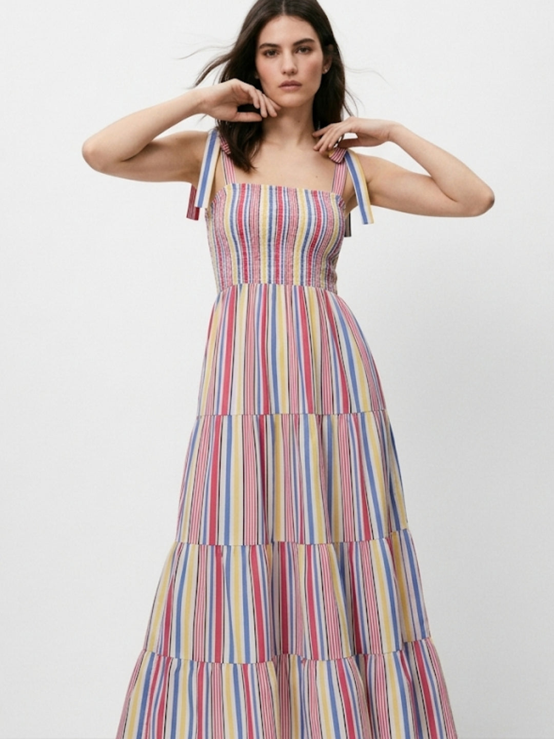 Blue Tiered Ruffled Hem Strap Tie Up Dress