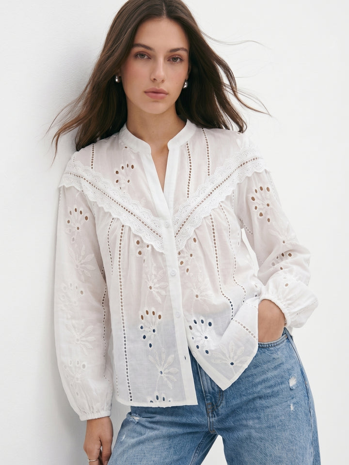 White Full Sleeves Schiffli Blouse
