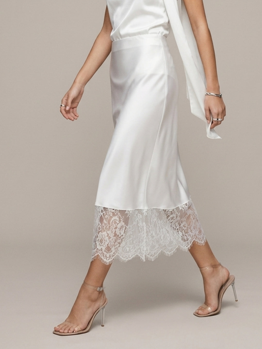 White Lace Hem Satin Skirt