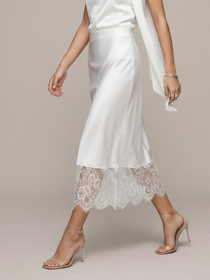White Lace Hem Satin Skirt