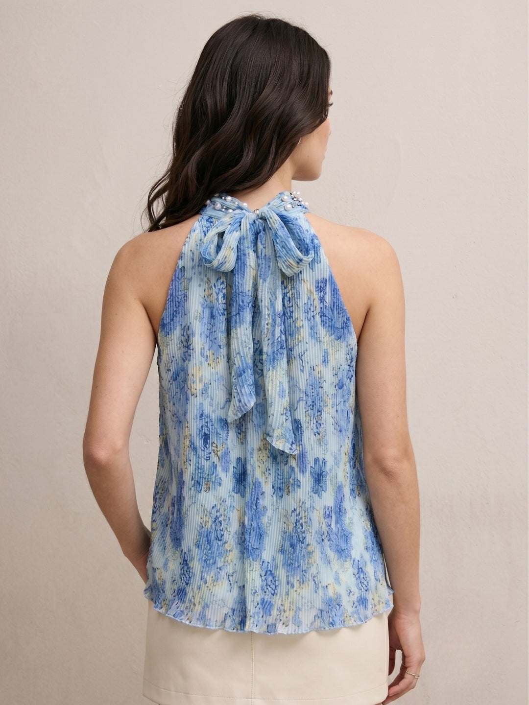 Blue Halter Tied Neck Blouse With Pleating And Hand Embellishment Detail
