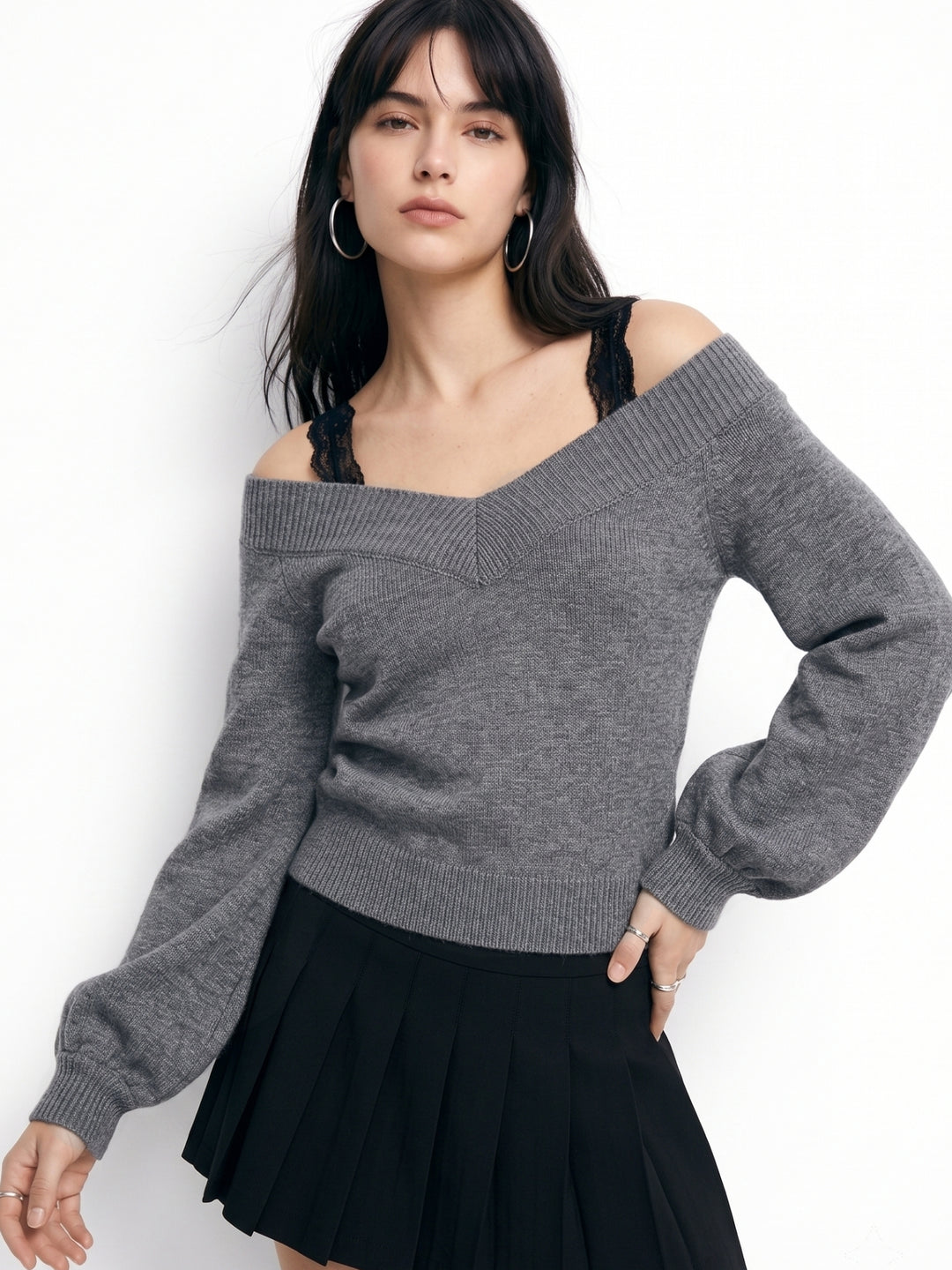 Charcoal Cold Shoulder Sweater With Lace Straps