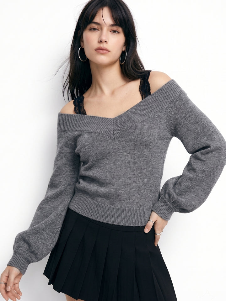 Charcoal Cold Shoulder Sweater With Lace Straps