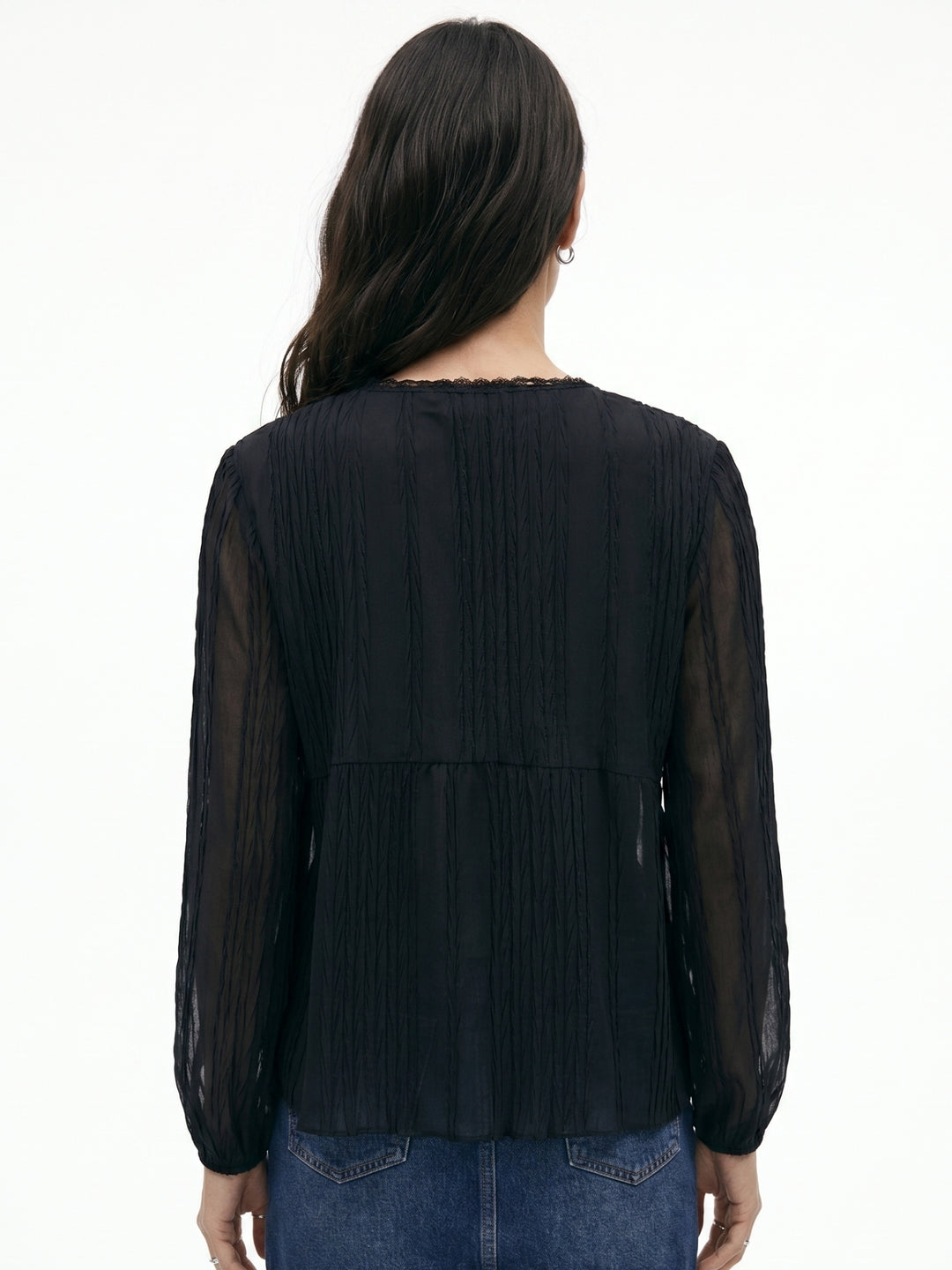 Black Full Sleeve Ruffle Neckline Textured Top