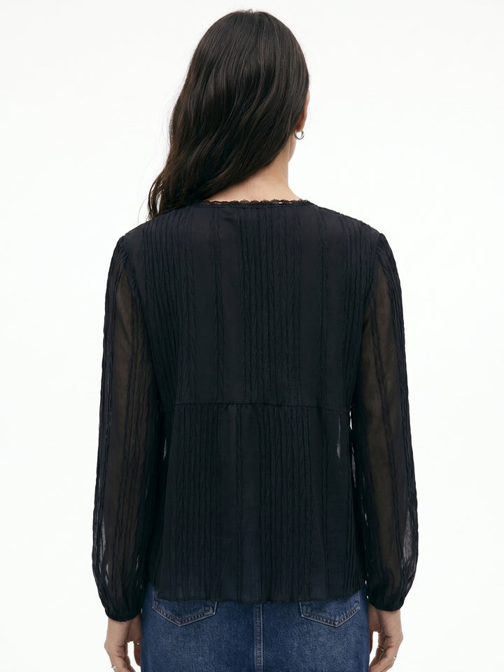 Black Full Sleeve Ruffle Neckline Textured Top