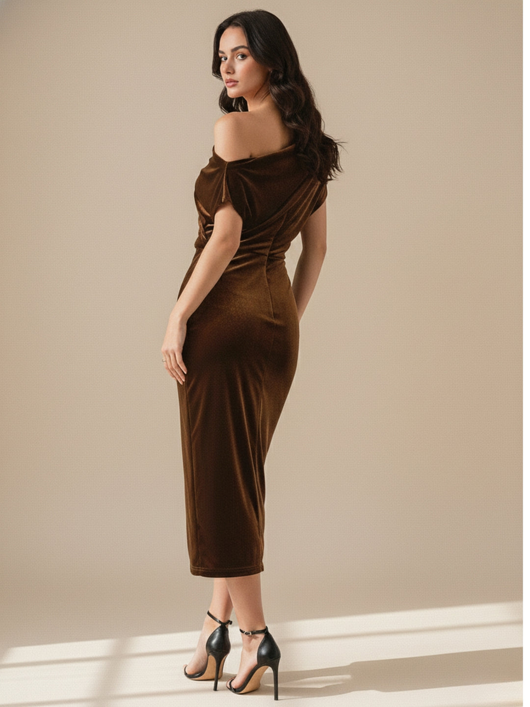Brown Off-Shoulder Velour Evening Dress