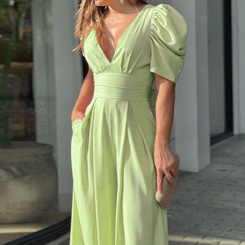 Green V Neck Wasit Band Fit Flare Dress