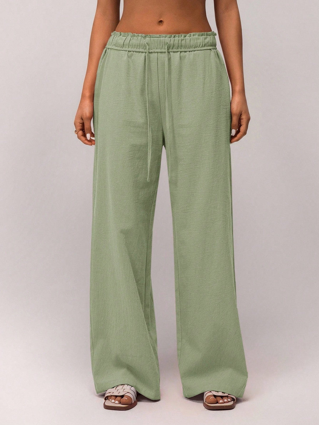 Light Green High Waist Drawstring Wide Leg Trouser