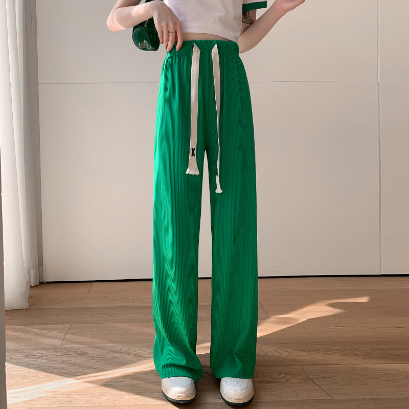 Green Textured Wide Leg Drawstring Pants