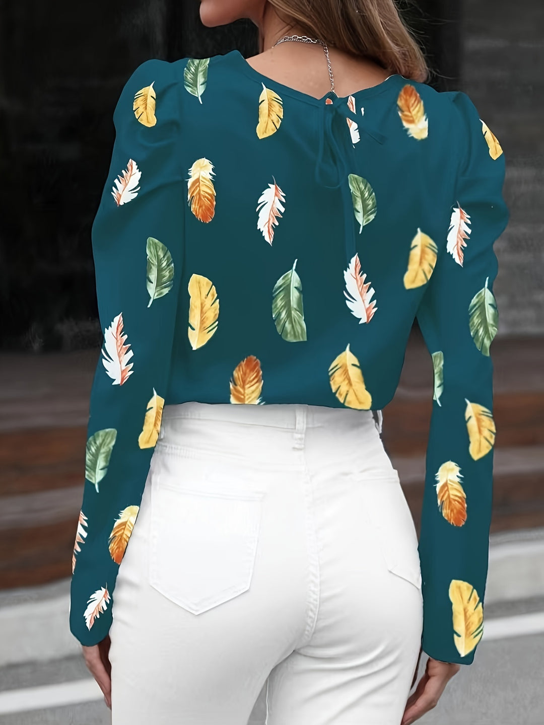 Green Printed Full Puff Sleeves Top