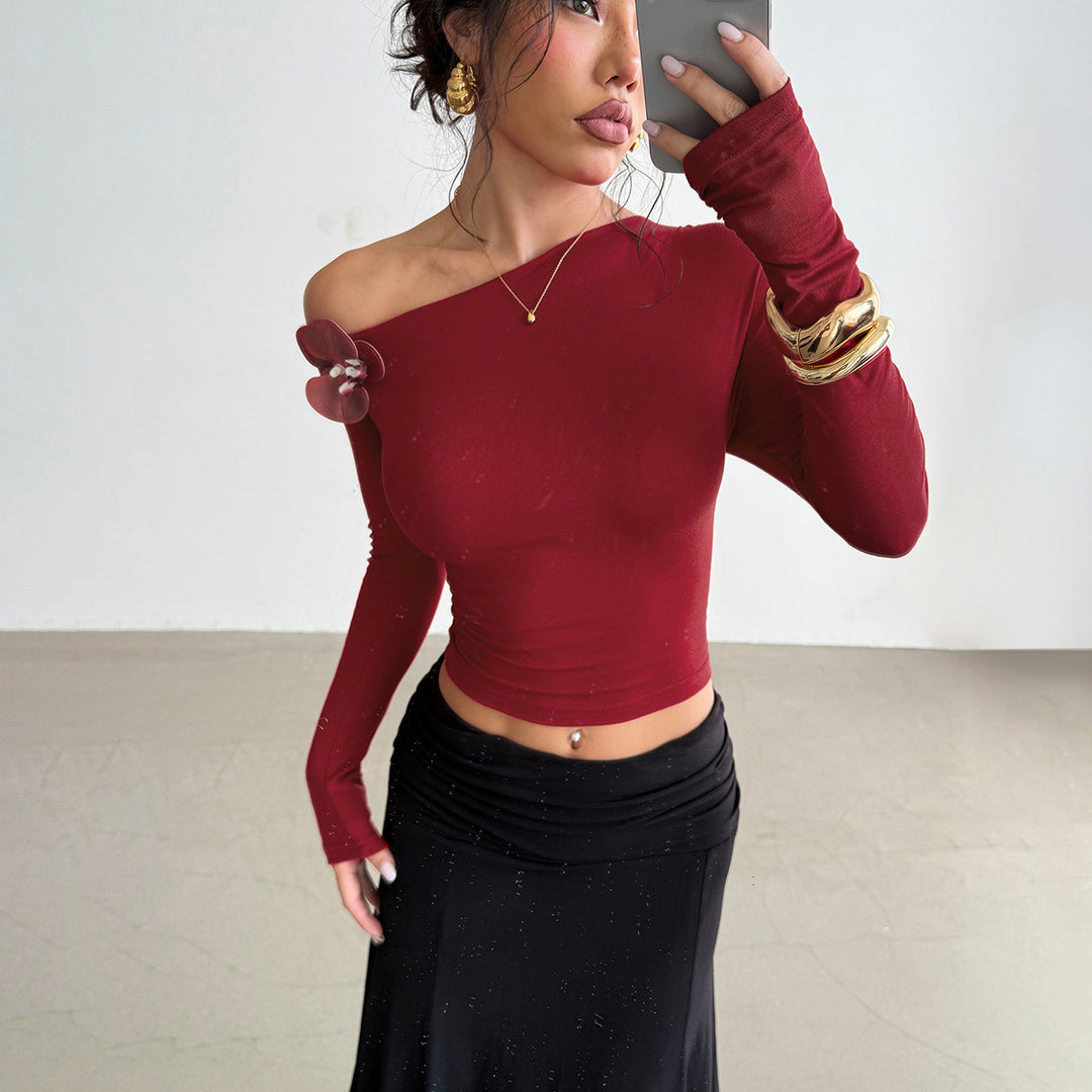 Burgundy Off-shoulder rosette top