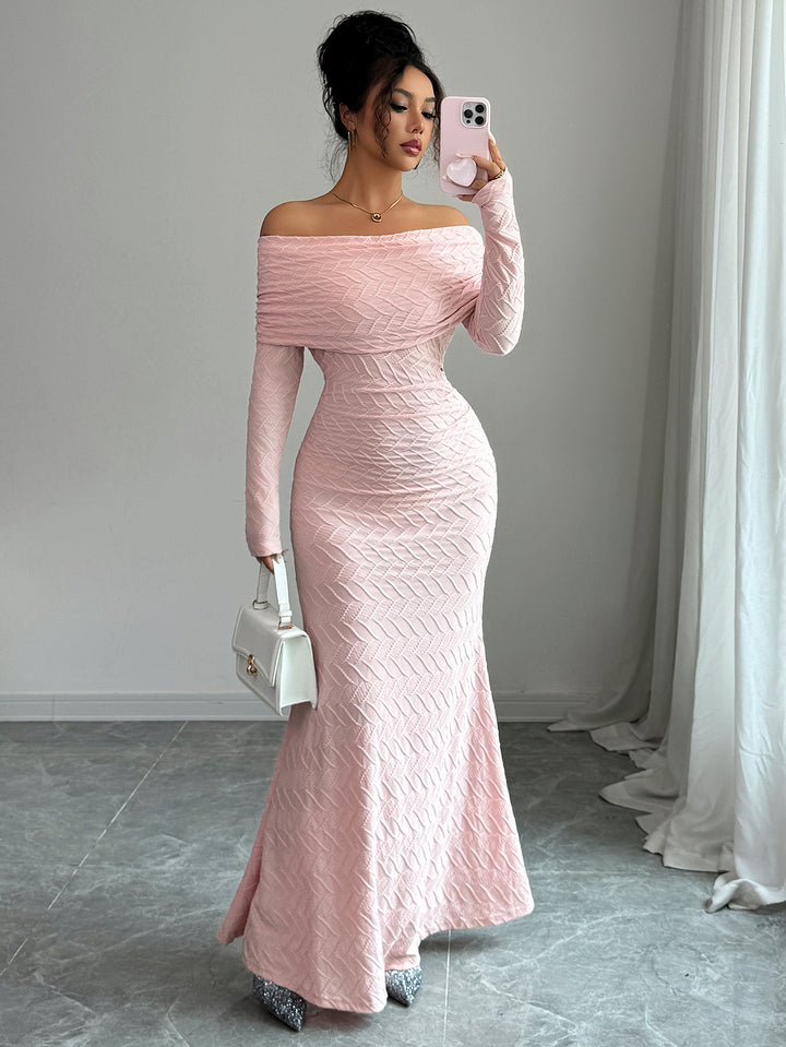 Pink Off-Shoulder Fit & Flare Evening Dress