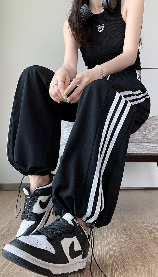 Black Wide Leg Drawstring Stripe Joggers