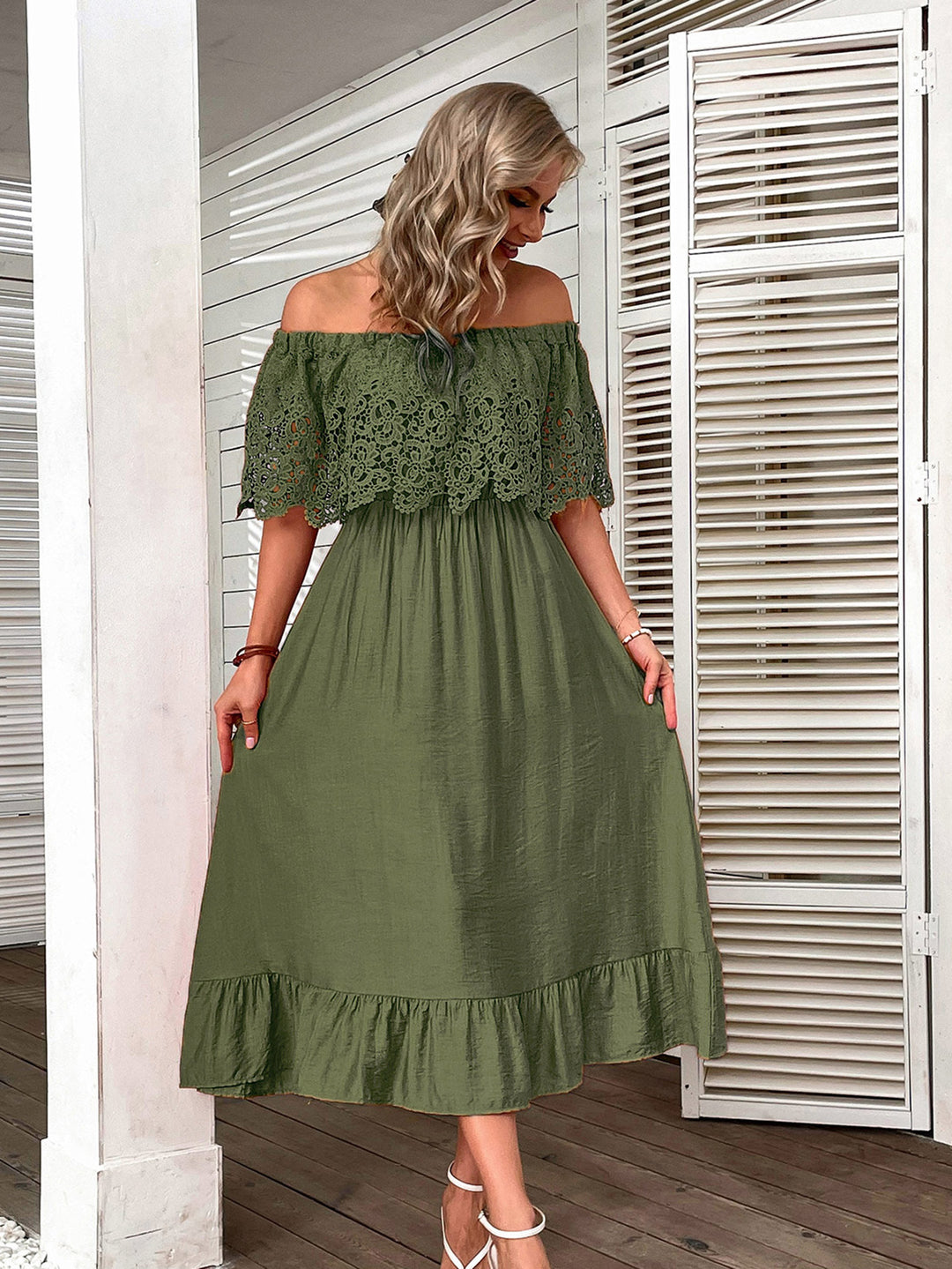 Olive Off Shoulder Dress With Lace