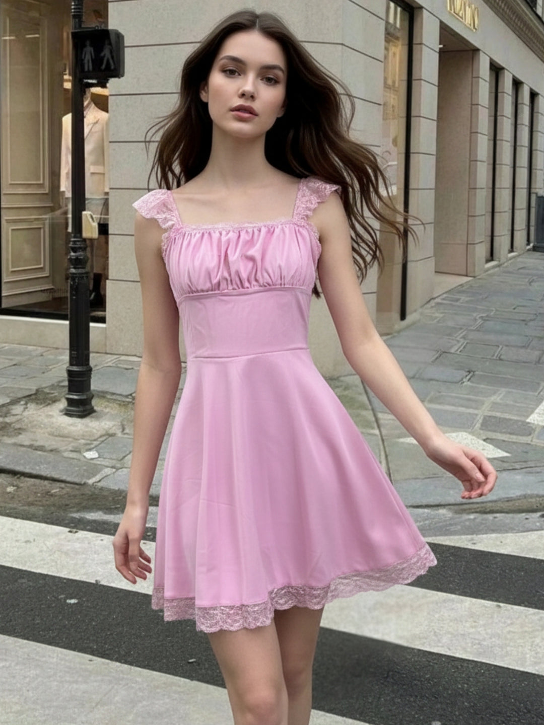 Pink Ruffle Sleeve Lace Hem Dress