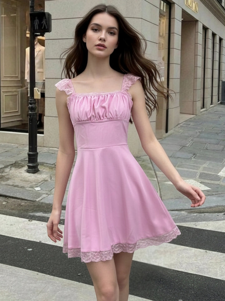 Pink Ruffle Sleeve Lace Hem Dress