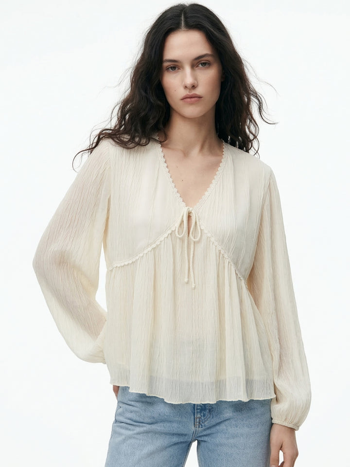 Beige Empire Waist Line Lace Detail Sheer Top
