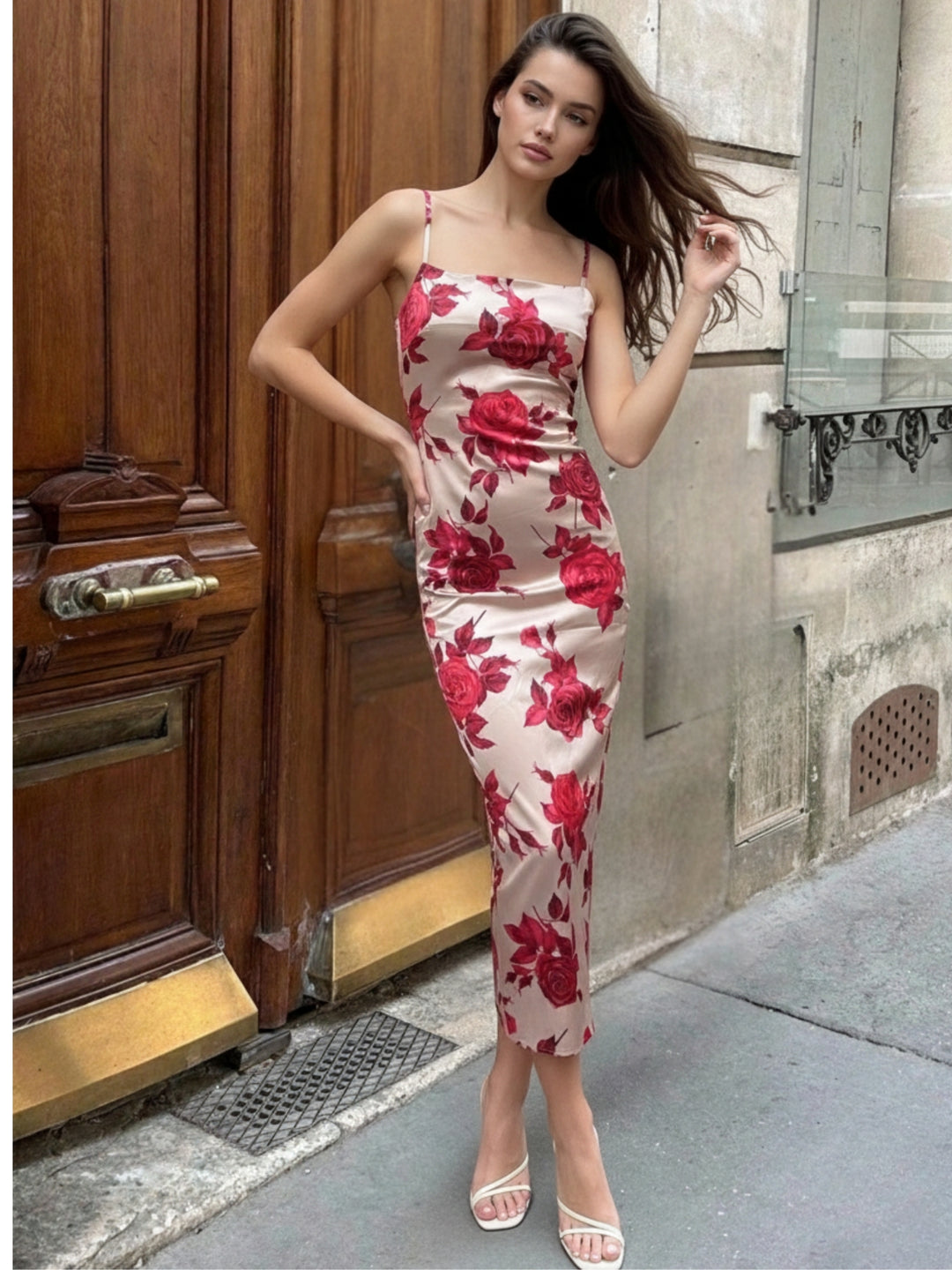 Cream Strappy Large Floral Printed Fitted Dress