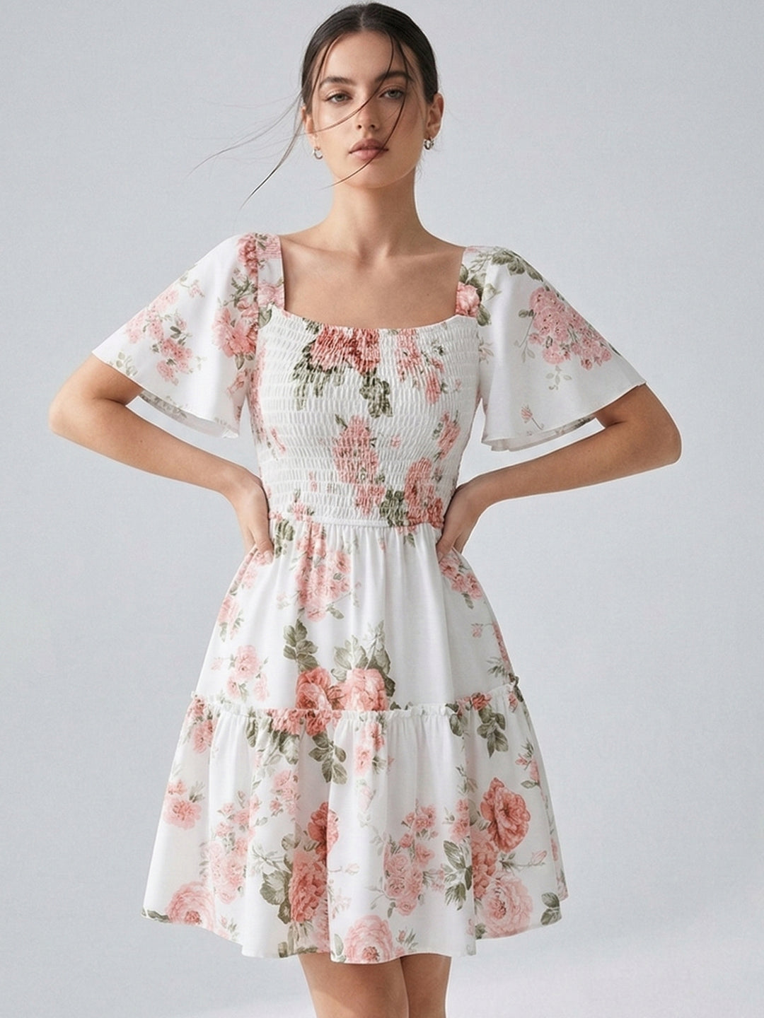 White Flare Sleeve Tiered Floral Dress