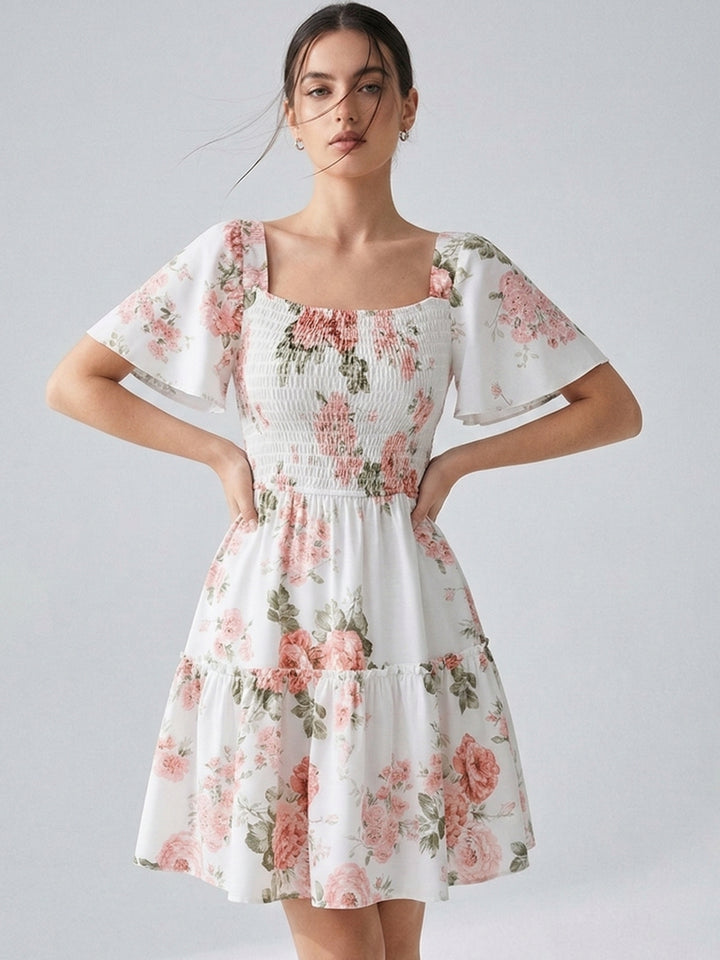White Flare Sleeve Tiered Floral Dress