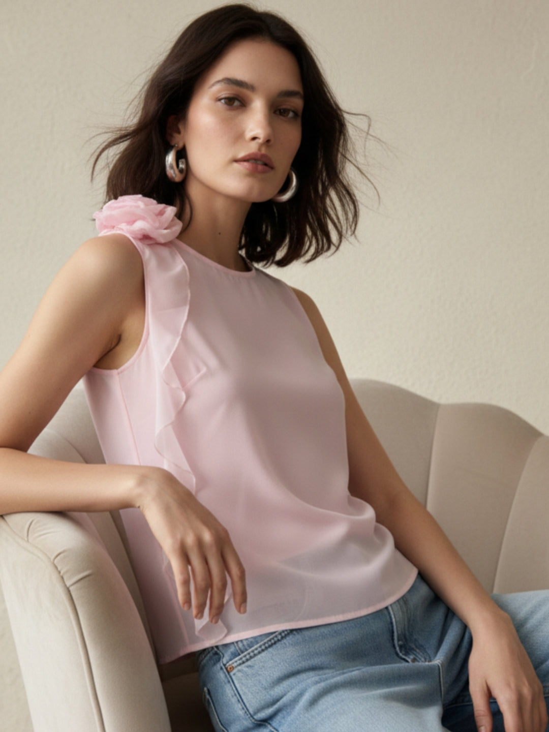 Pink Elegant Sleeveless Blouse With Ruffle And Corsage Detail