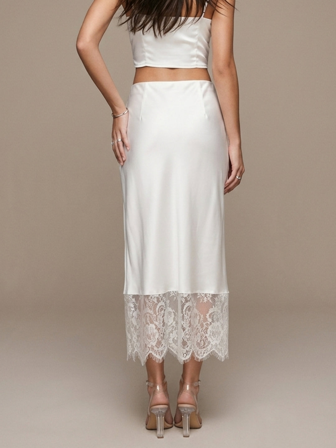 White Lace Hem Satin Skirt