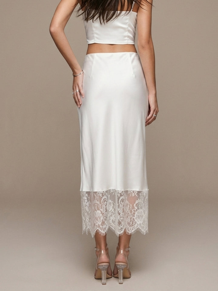White Lace Hem Satin Skirt