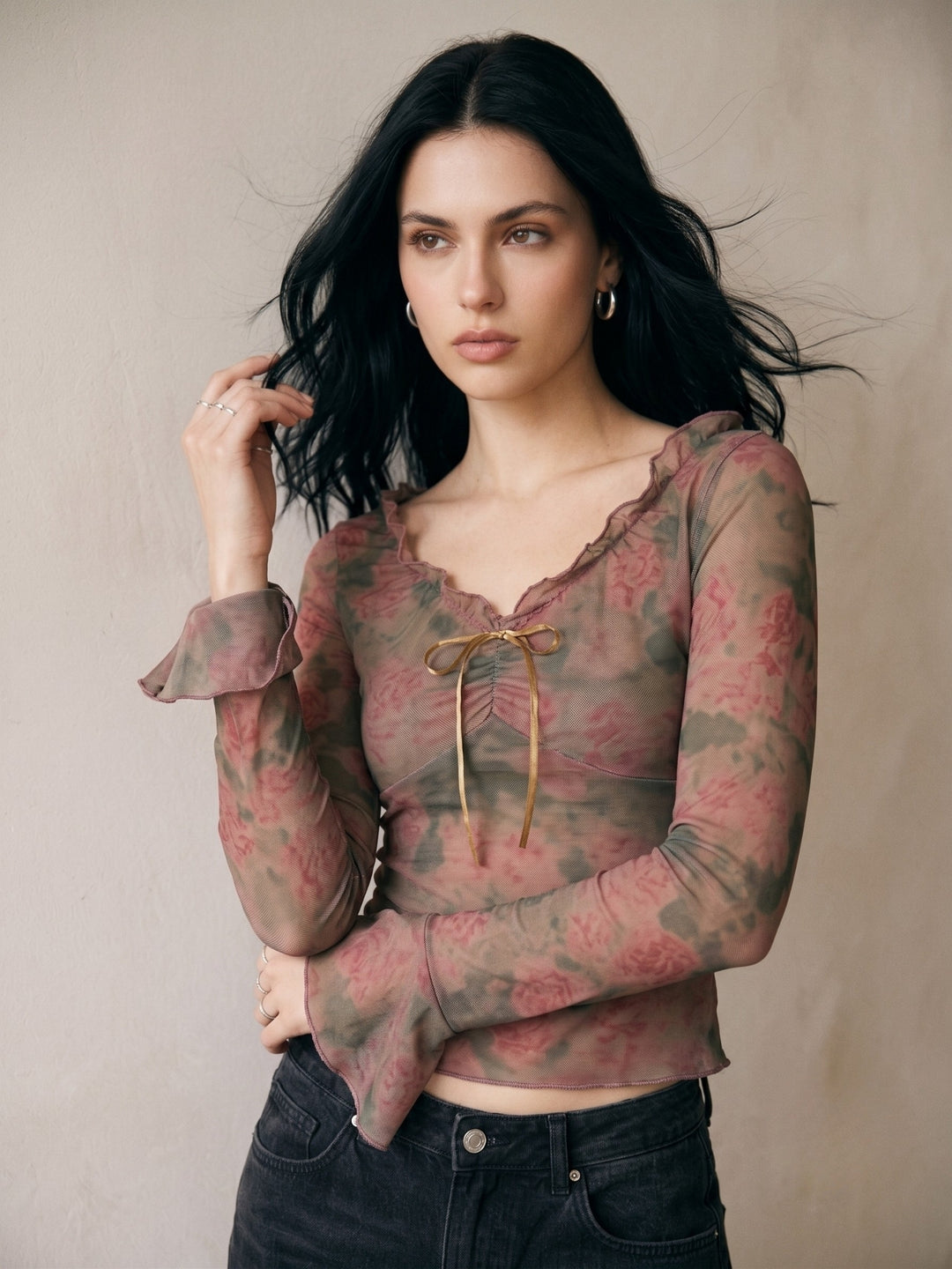 Pink Printed Ruffled Neck Top With Flared Sleeves