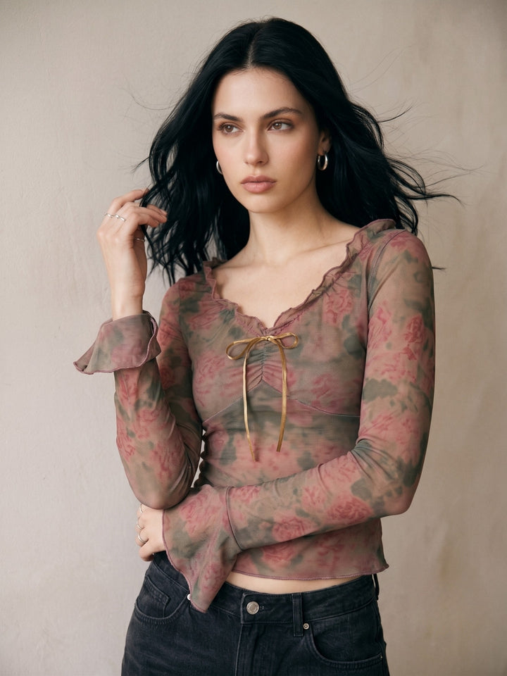Pink Printed Ruffled Neck Top With Flared Sleeves