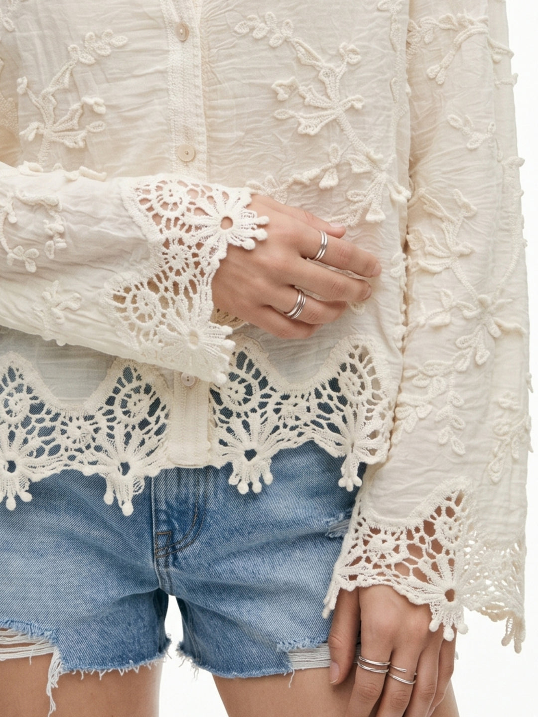 Off White Full Sleeve Lace Egde Collared Semi Sheer Embroidered Shirts