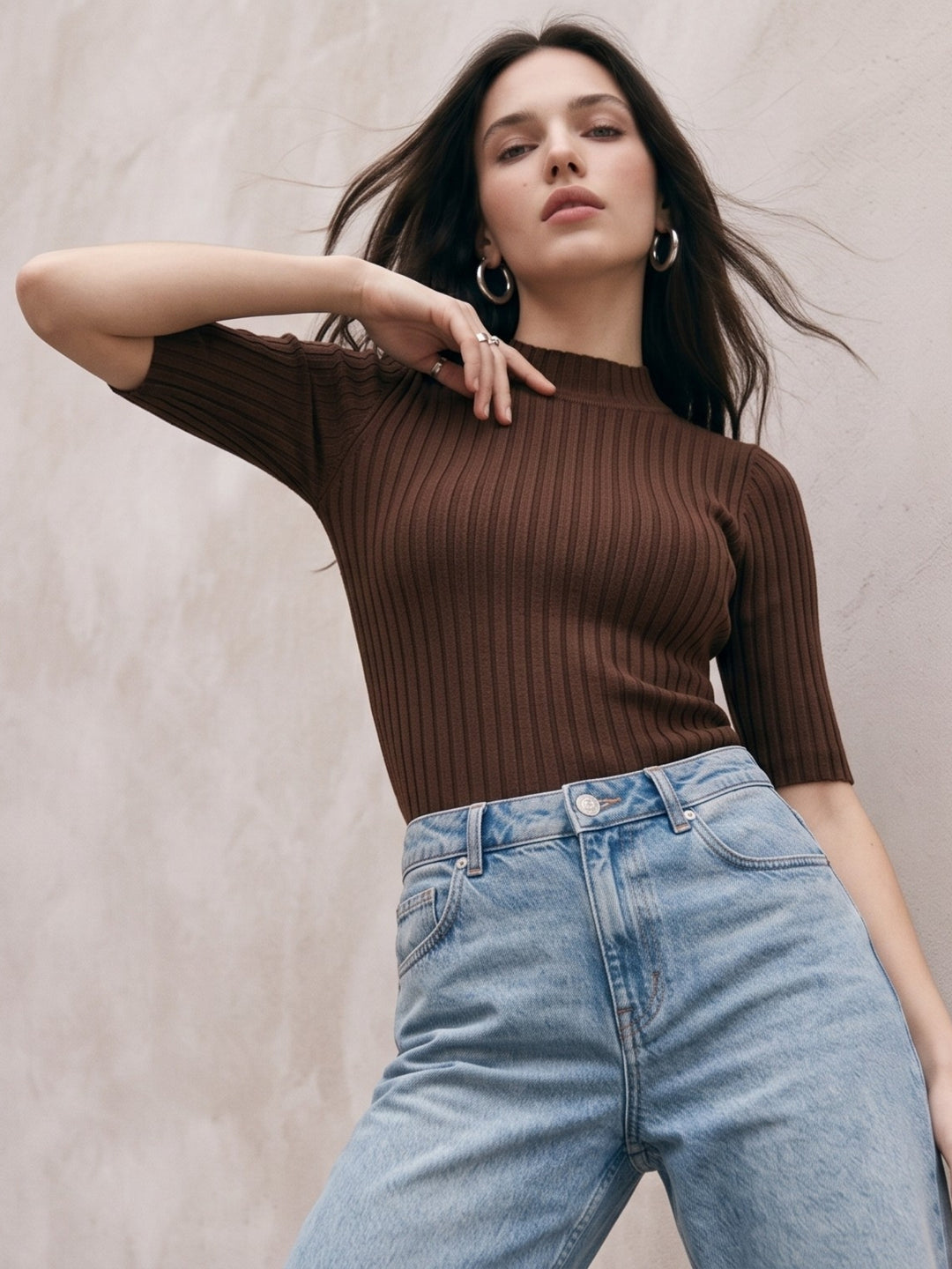Brown High Neck Knitted Top