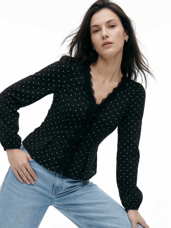 Black Polka Dotted Top With Lace Inserts