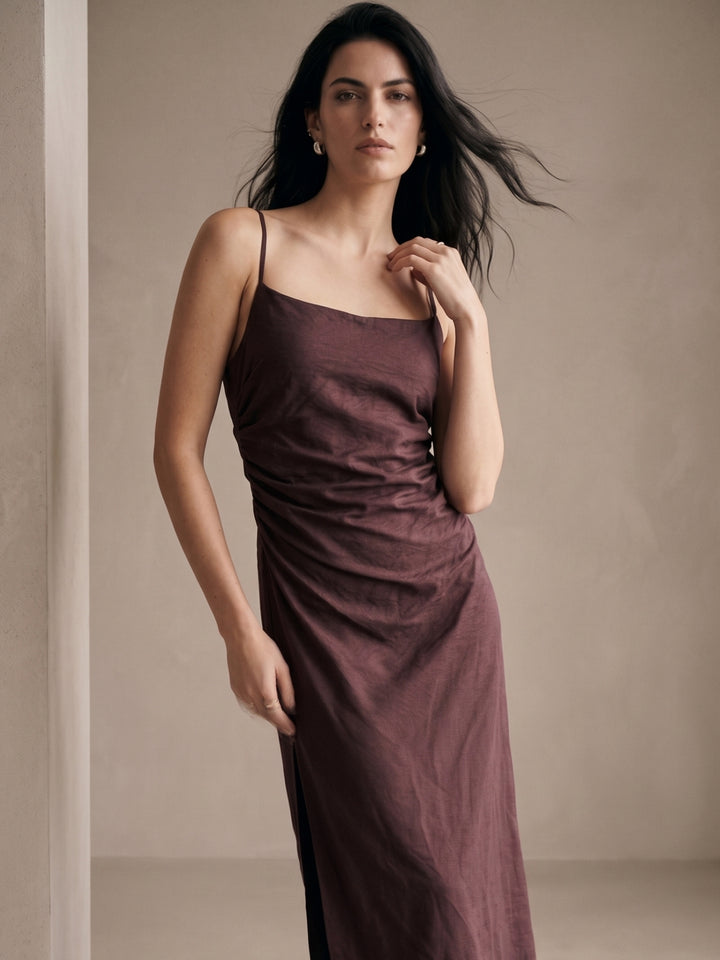 Brown Spaghetti Strap Side Ruched Dress