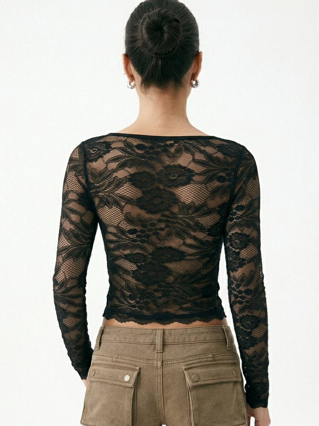 Black Full Sleeve Square Neck Lace Top