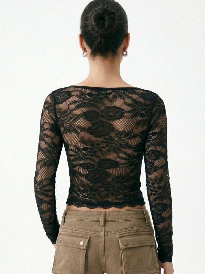 Black Full Sleeve Square Neck Lace Top
