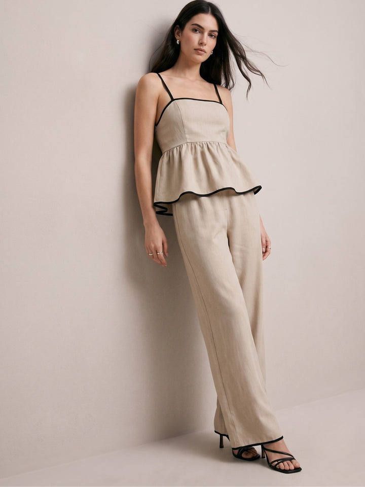 Cream Strappy Peplum Top With Trousers Co-Ord Set