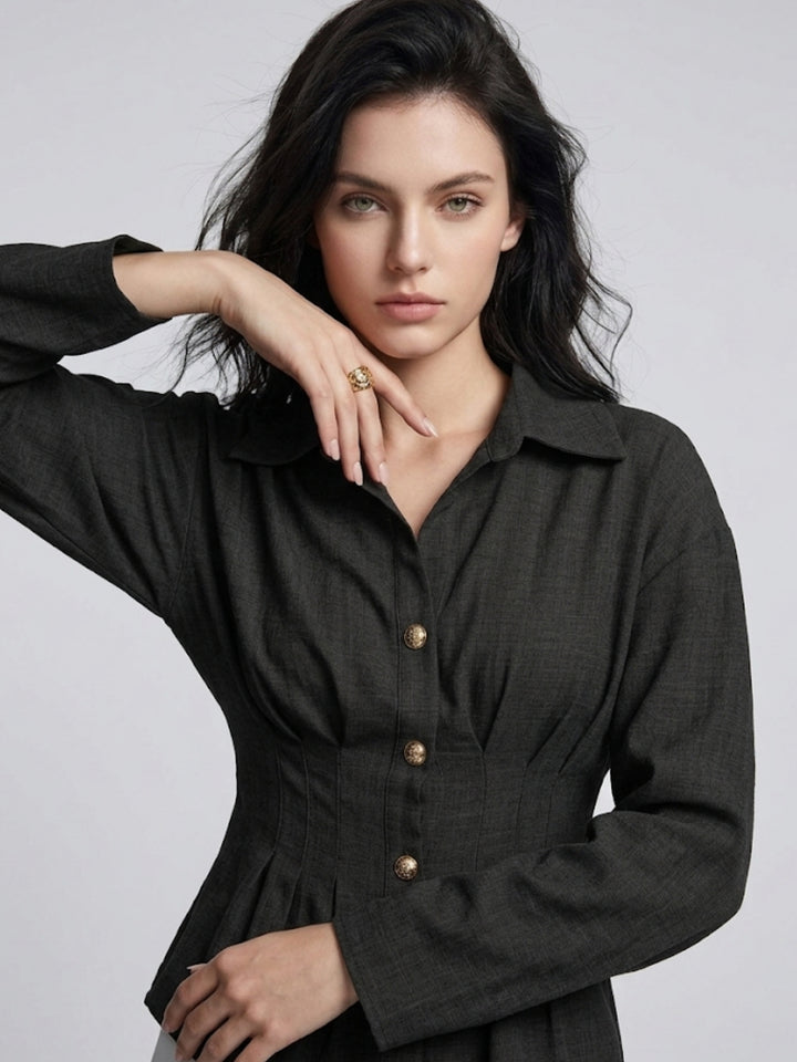 Black Full Sleeves Front Pleated Shirt