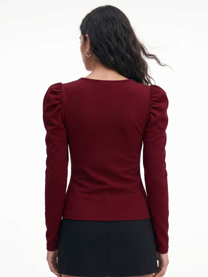 Wine Puff Sleeve Fitted Top