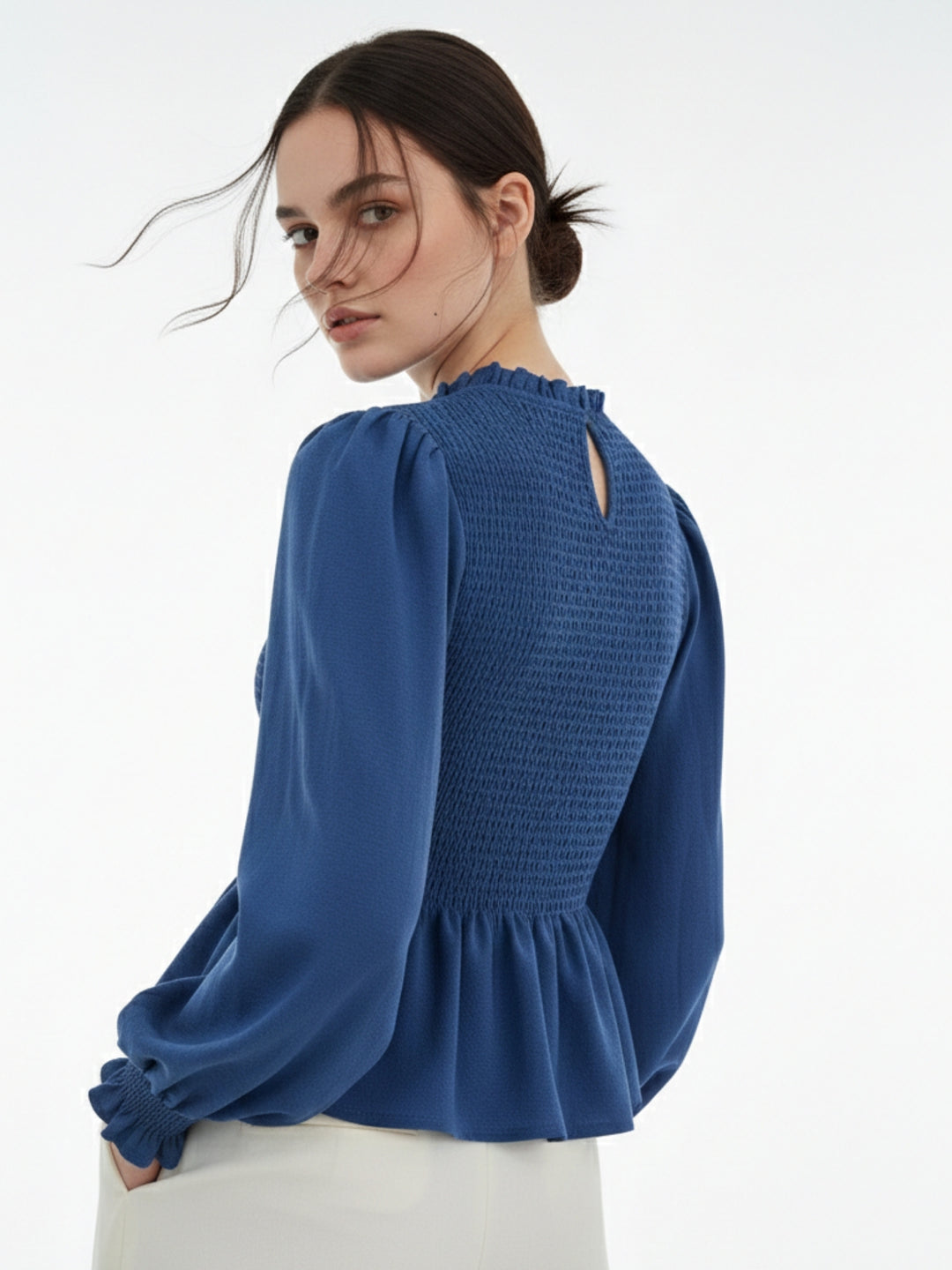 Blue Smocked Bodice Solid Top