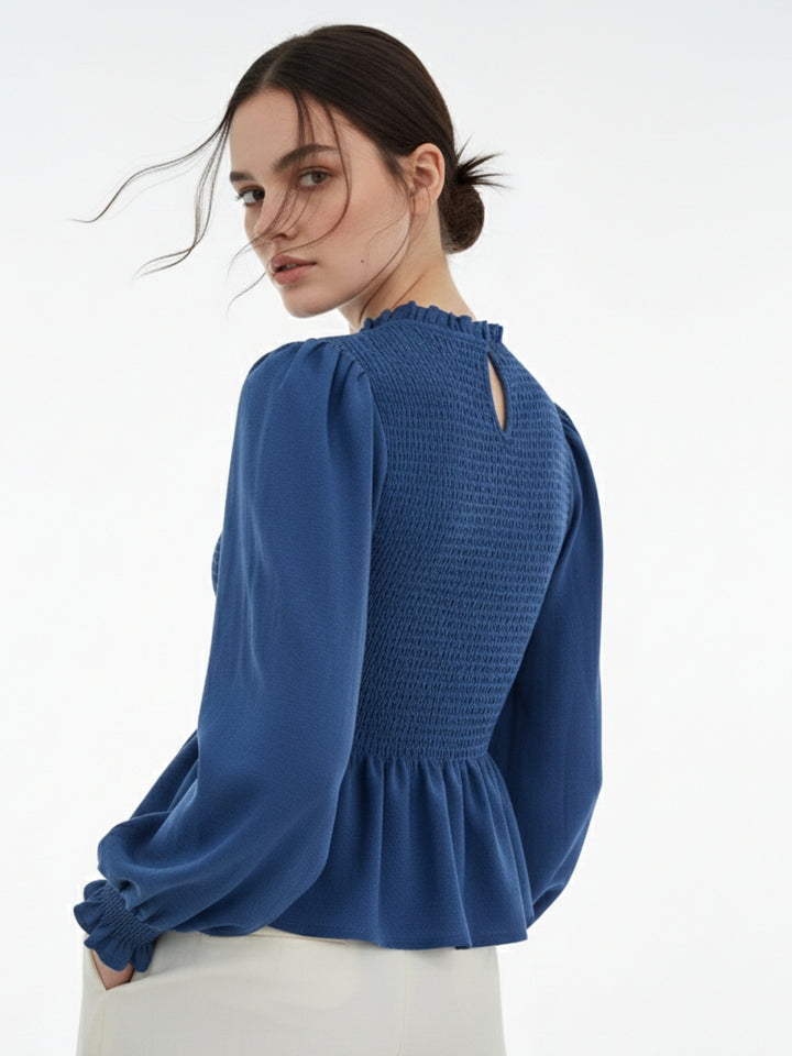 Blue Smocked Bodice Solid Top