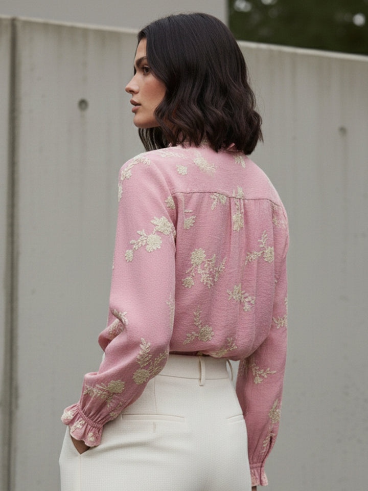 Pink Bishop Sleeve Front Buttoned Embroidered Top