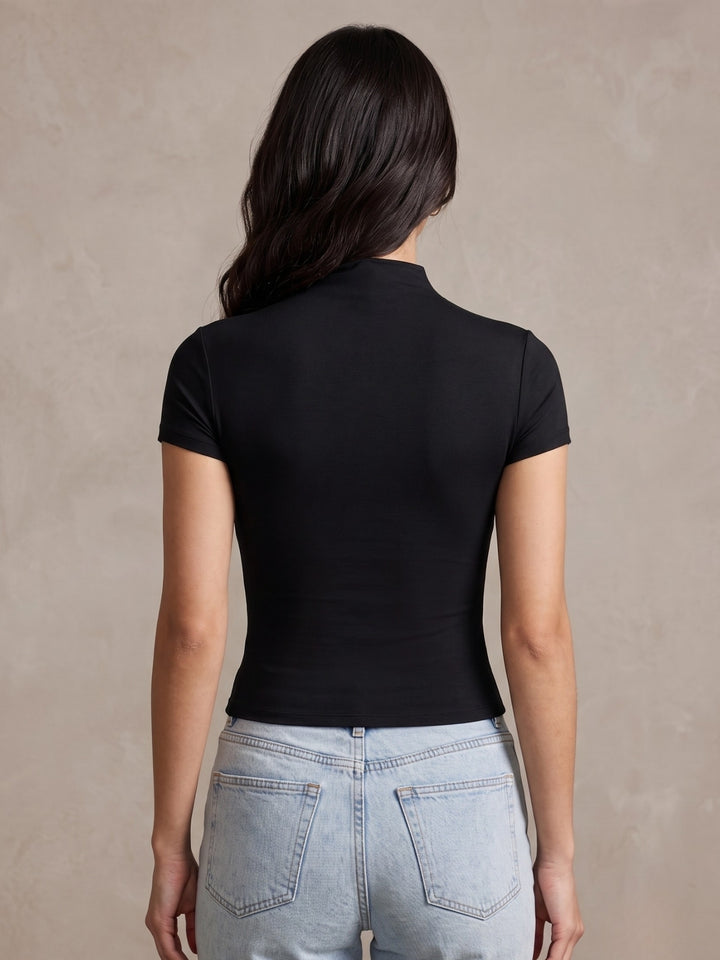 Black High Neck Buttoned Up Fitted Top