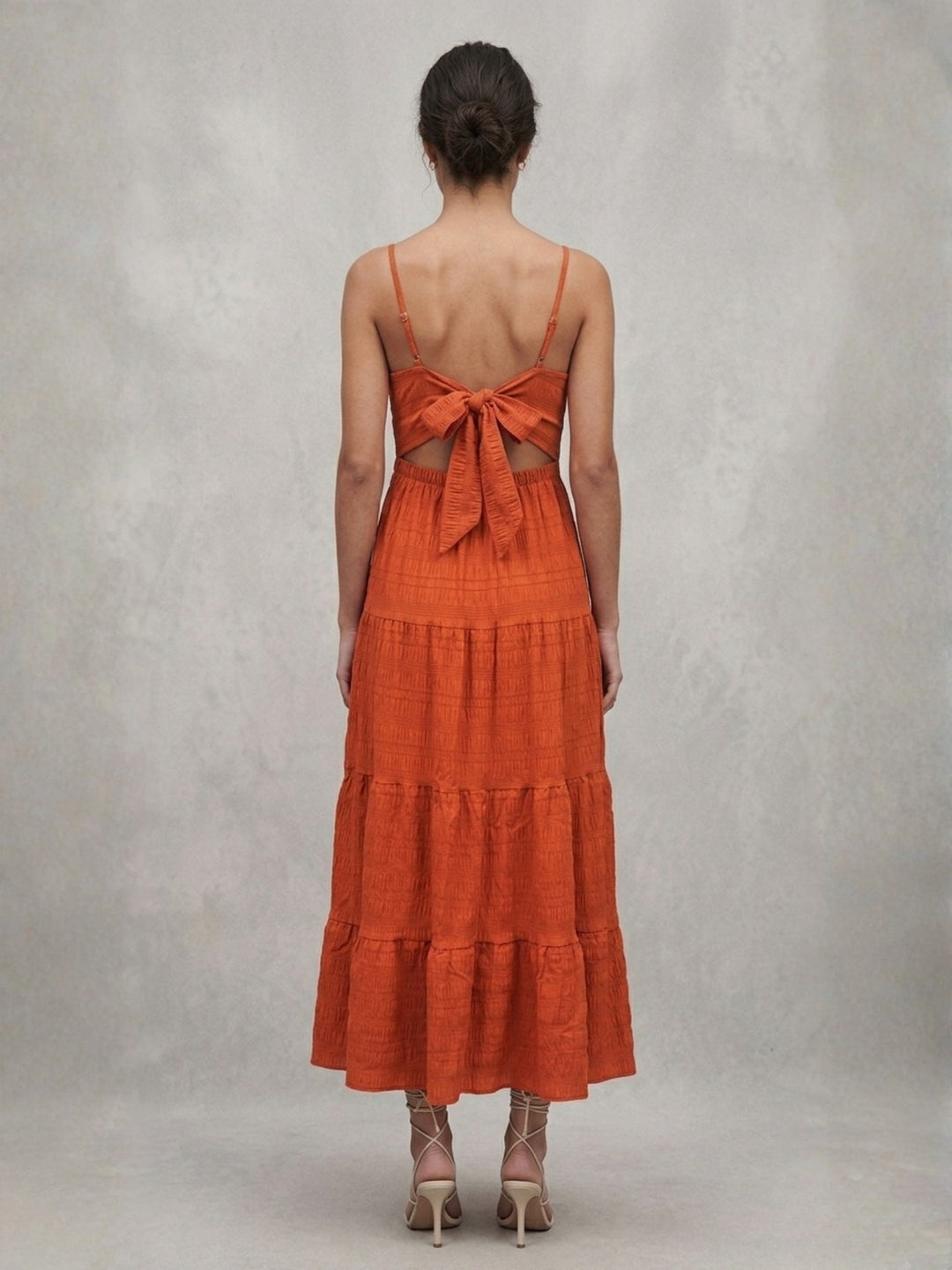 Orange Shoulder Strap Back Bow Tiered Dress
