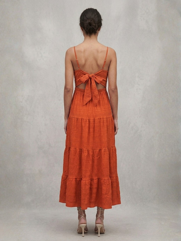 Orange Shoulder Strap Back Bow Tiered Dress